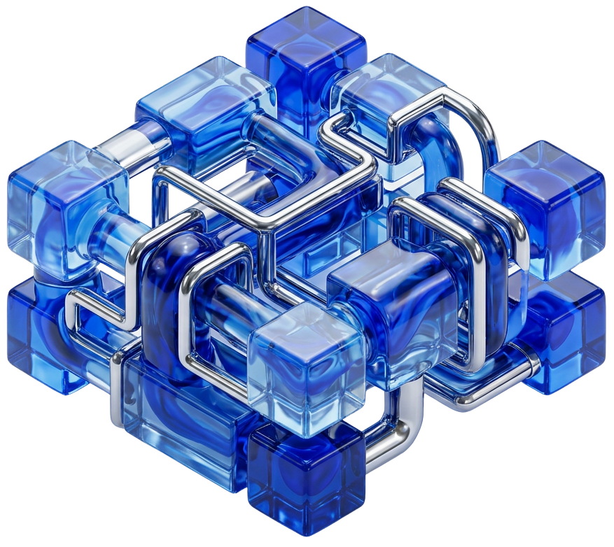 Liquid-glass software-architecture sculpture in royal blue